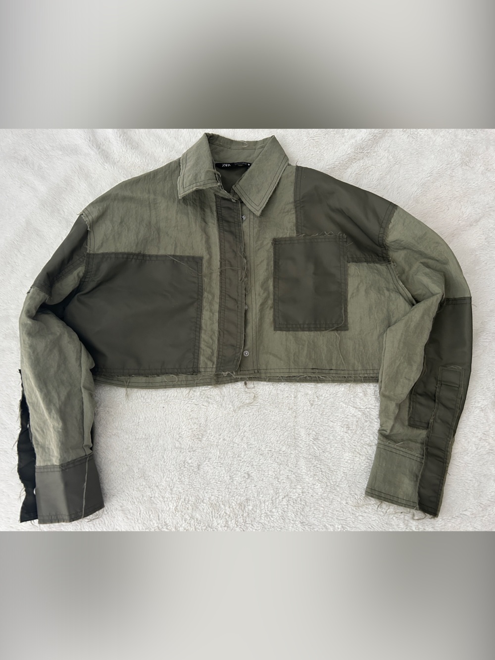 Zara Olive Patchwork Cropped Military Jacket